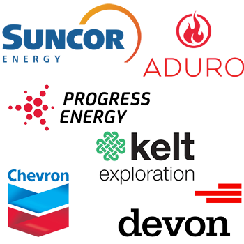 Client logos including Chevron, Suncor Energy, Aduro, and Kelt Exploration