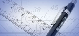 Close-up of a ruler and automatic pencil sitting on a technical drawing of a tool section